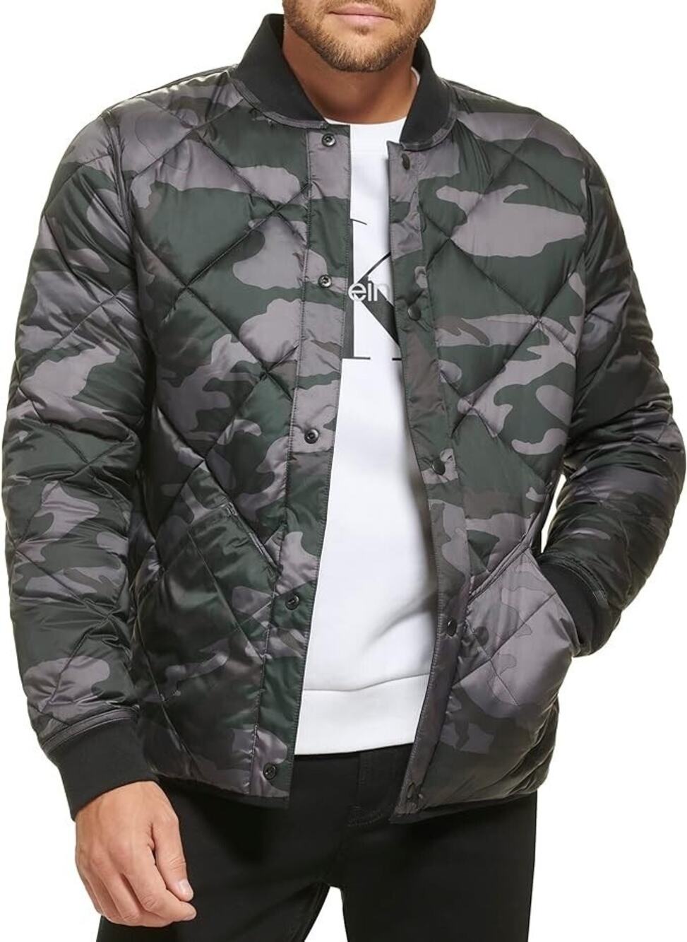 Calvin Klein Size Small NWT Reversible Diamond Quilted Jacket Black & Camo Print